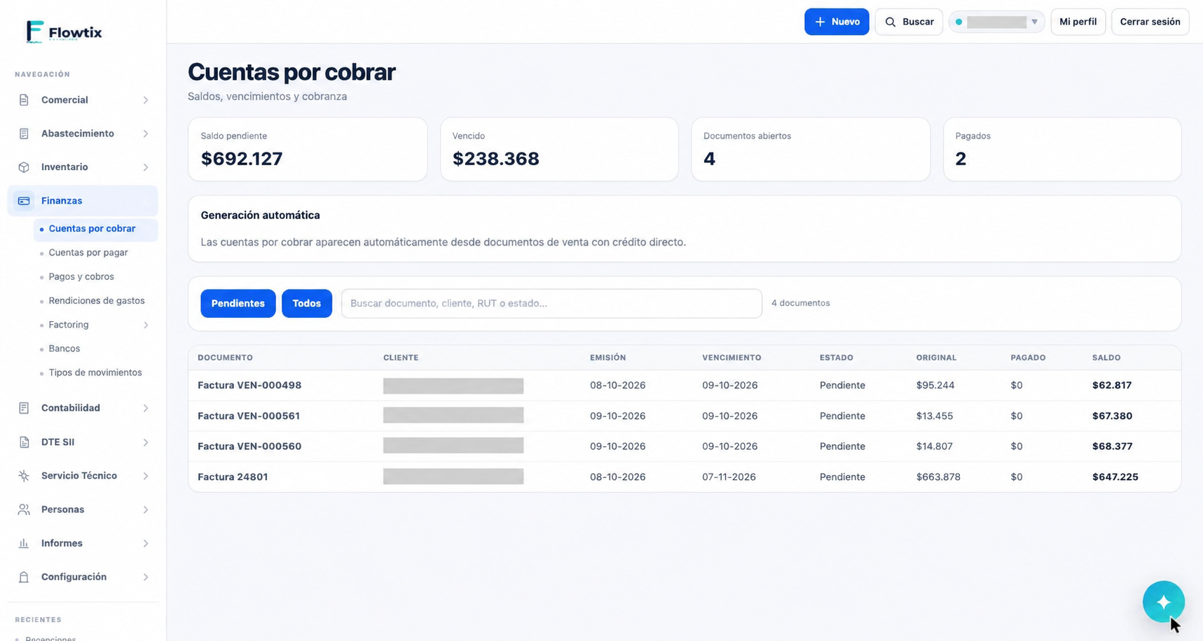 Vista de cuentas por cobrar y antigüedad de documentos de Flowtix